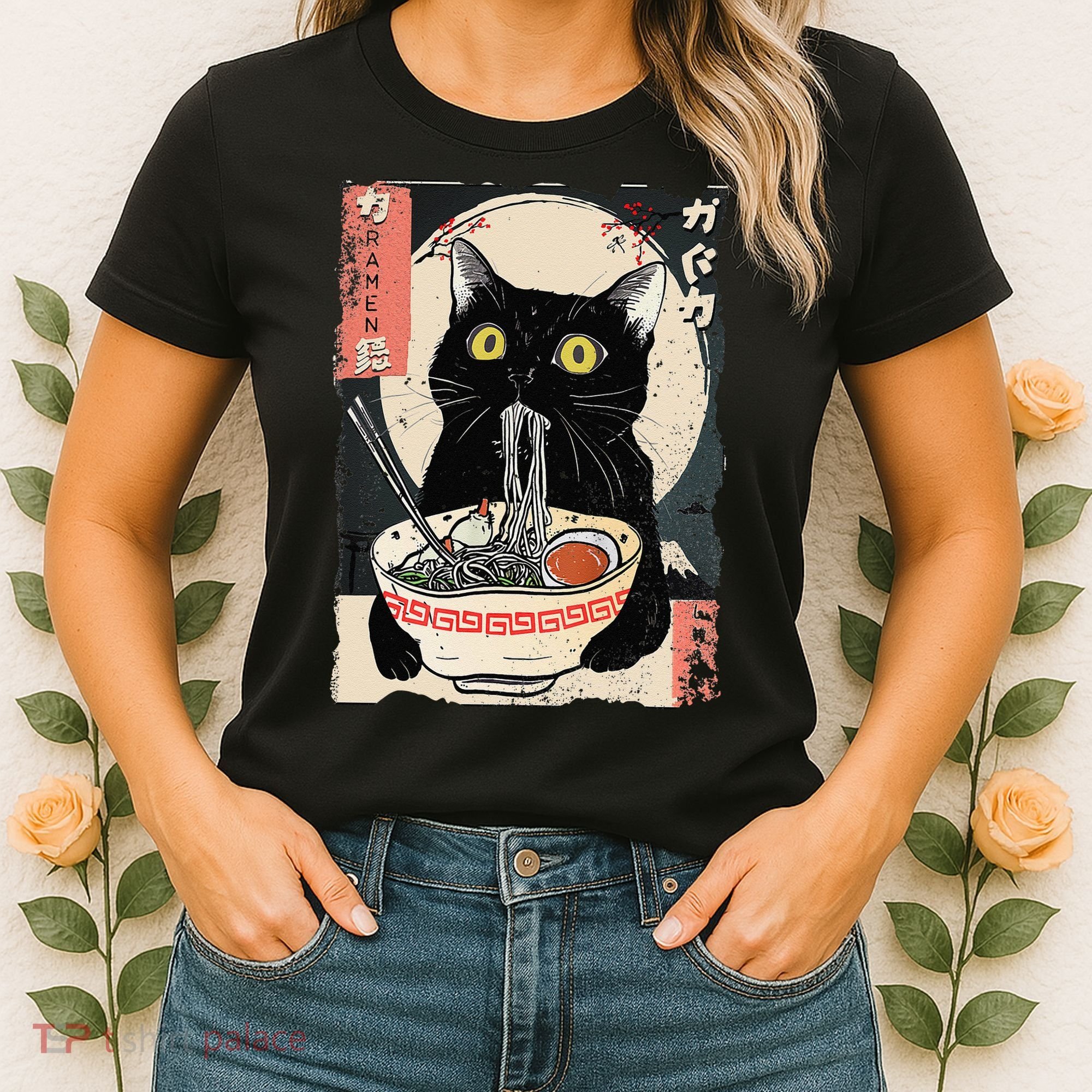 Kawaii Cat Eating Ramen Noodles Funny Anime Gift Women's T-Shirt