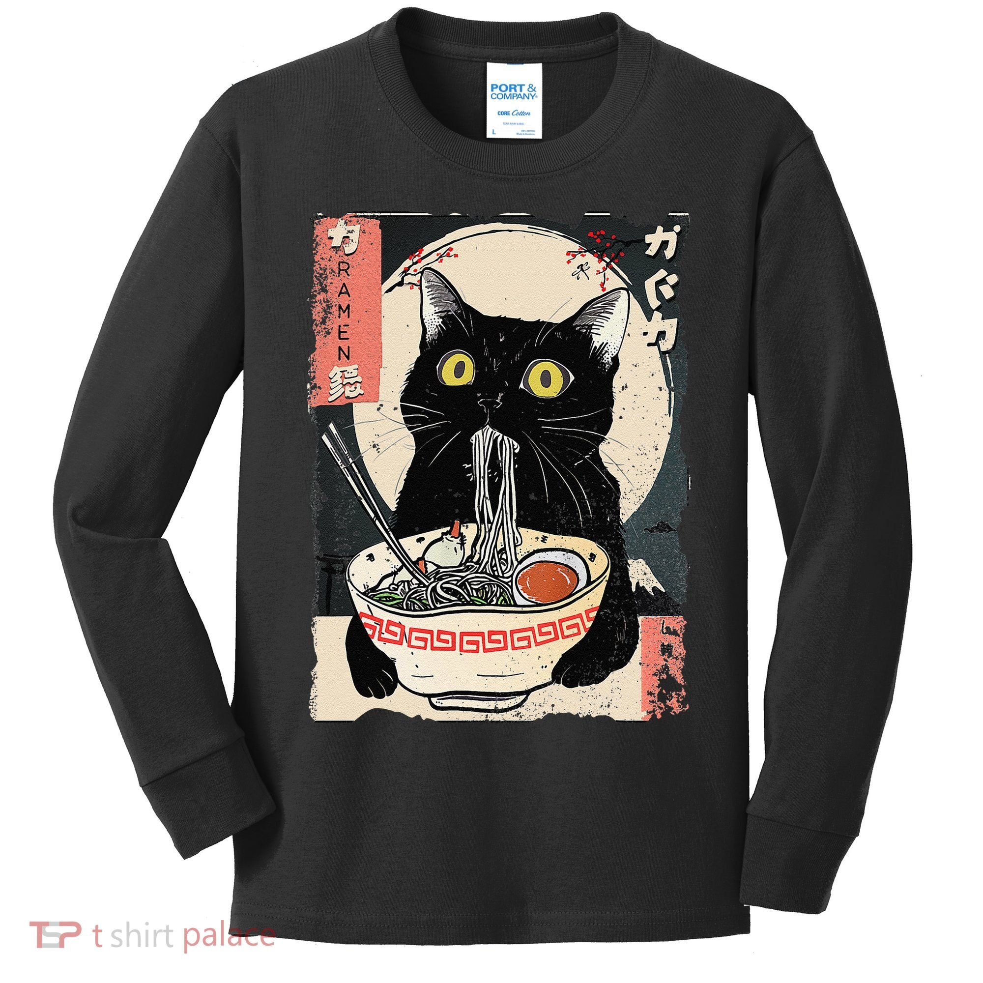 Kawaii Cat Eating Ramen Noodles Funny Anime Gift Kids Long Sleeve Shirt