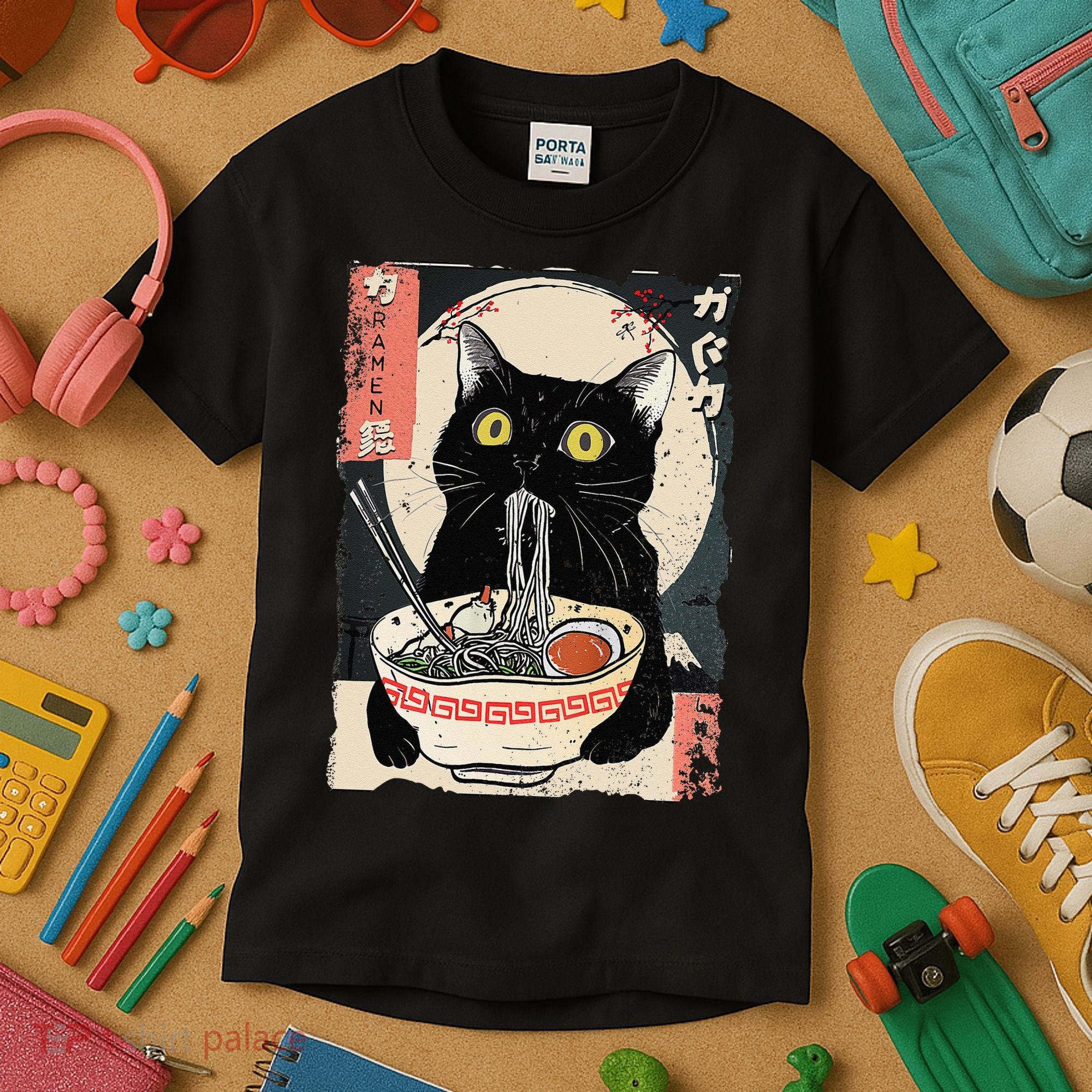 Kawaii Cat Eating Ramen Noodles Funny Anime Gift Kids T-Shirt