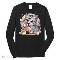 Kawaii Cat Eating Sushi Cute Anime For Cat Lovers Long Sleeve Shirt thumb 0