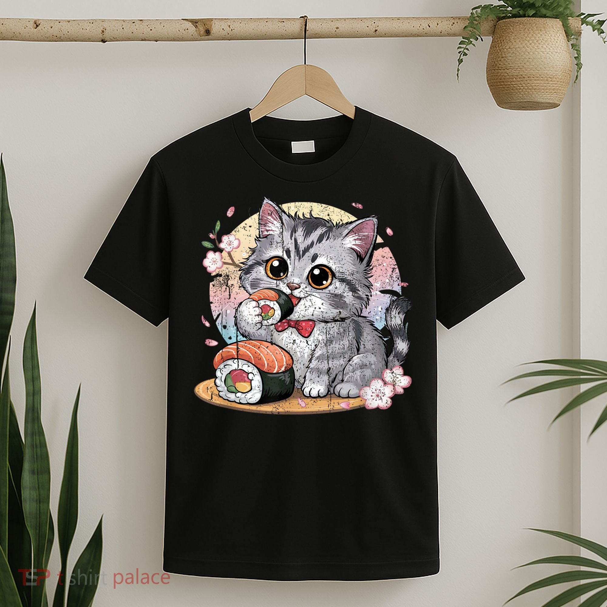 Kawaii Cat Eating Sushi Cute Anime For Cat Lovers T-Shirt