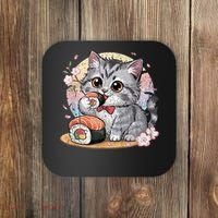 Kawaii Cat Eating Sushi Cute Anime For Cat Lovers Coaster thumb 0