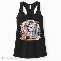 Kawaii Cat Eating Sushi Cute Anime For Cat Lovers Women's Tank Top thumb 0