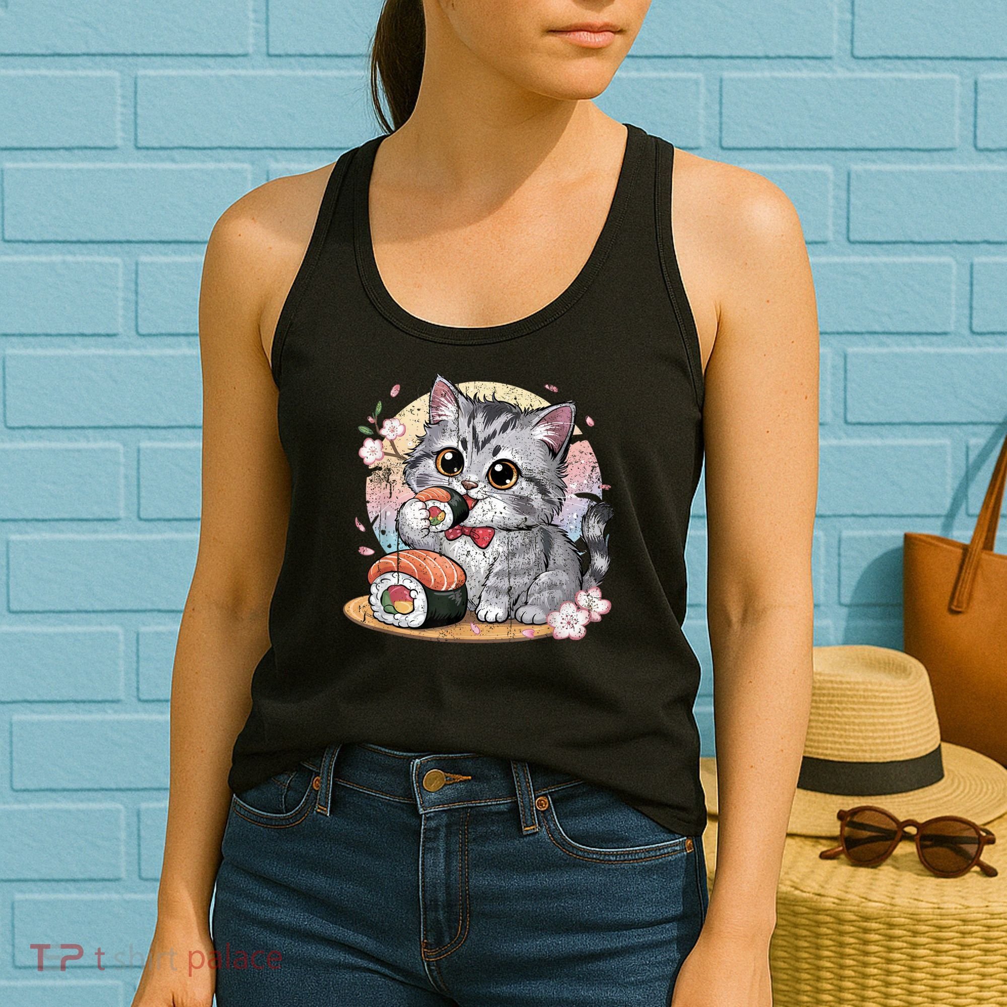 Kawaii Cat Eating Sushi Cute Anime For Cat Lovers Women's Tank Top