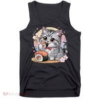 Kawaii Cat Eating Sushi Cute Anime For Cat Lovers Tank Top thumb 0