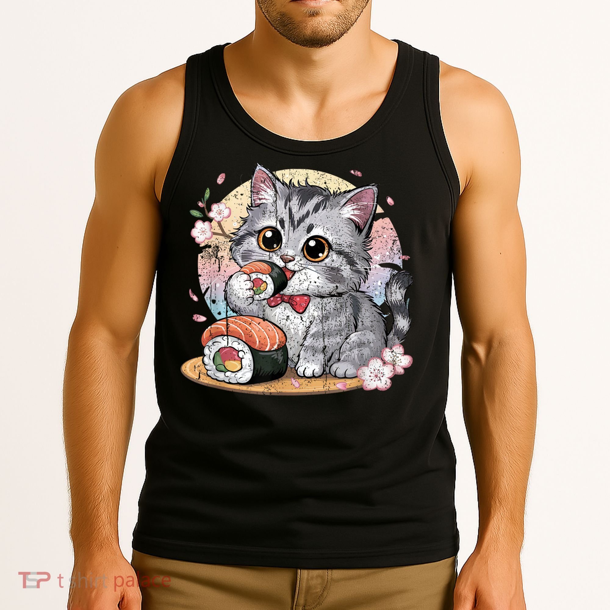 Kawaii Cat Eating Sushi Cute Anime For Cat Lovers Tank Top