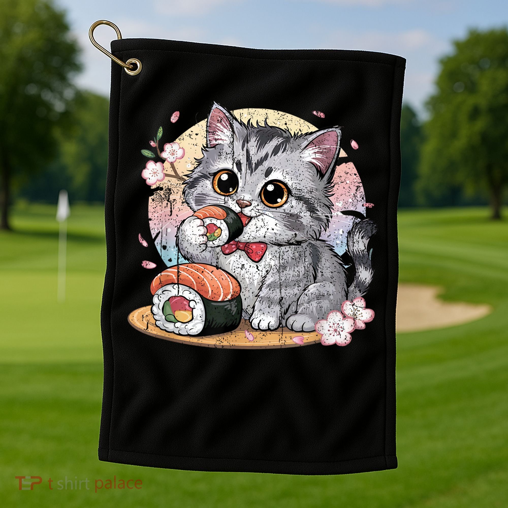 Kawaii Cat Eating Sushi Cute Anime For Cat Lovers Golf Towel