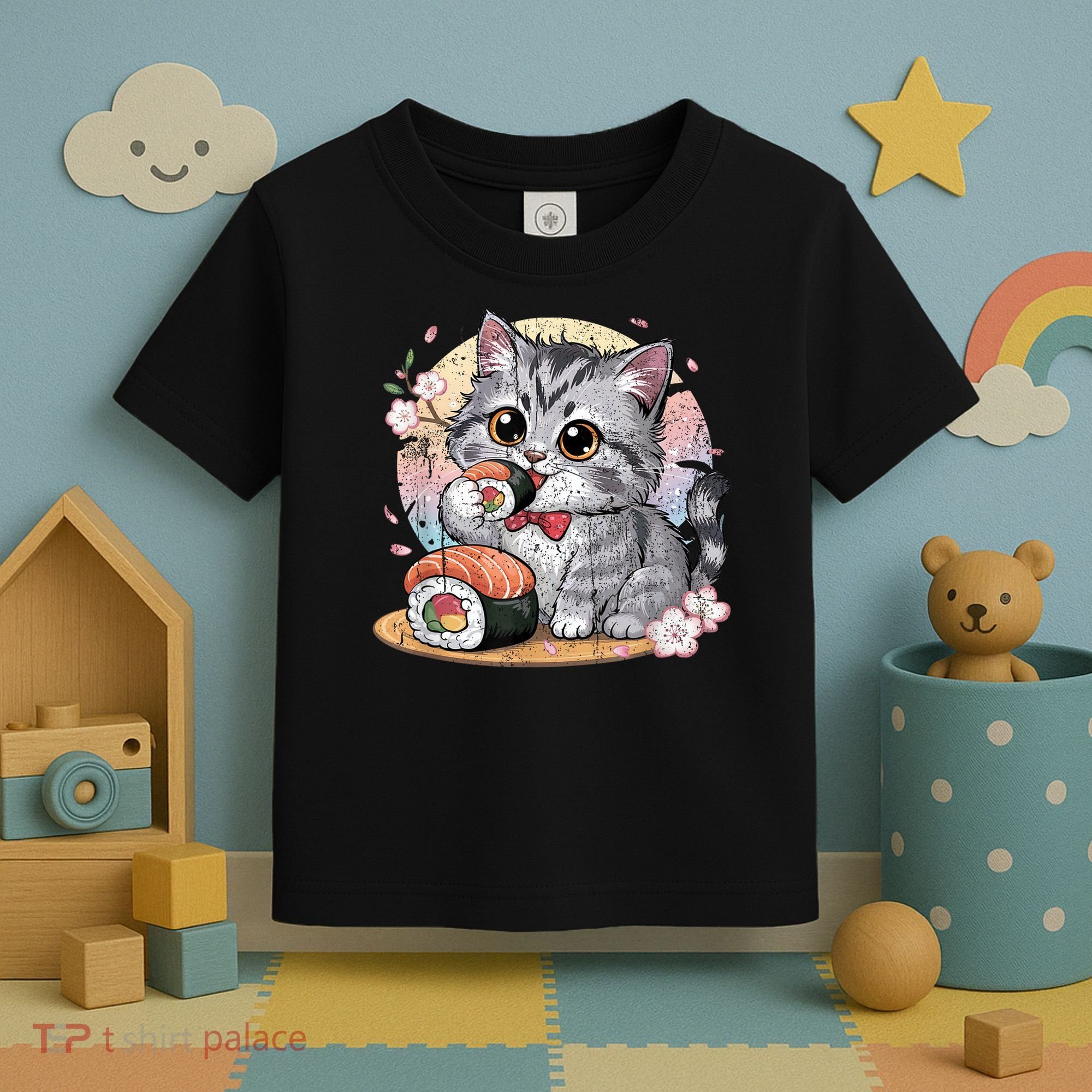 Kawaii Cat Eating Sushi Cute Anime For Cat Lovers Toddler T-Shirt