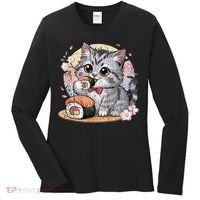 Kawaii Cat Eating Sushi Cute Anime For Cat Lovers Women's Long Sleeve Shirt thumb 0