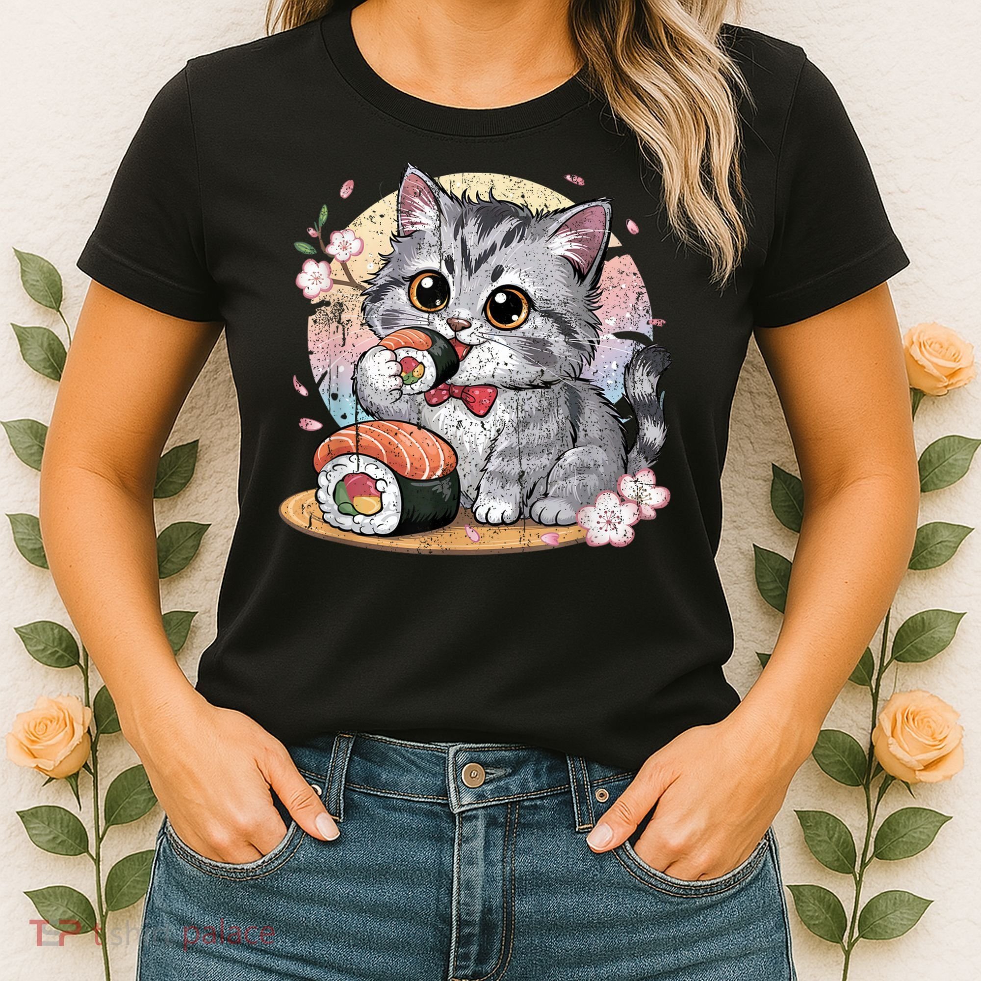 Kawaii Cat Eating Sushi Cute Anime For Cat Lovers Women's T-Shirt
