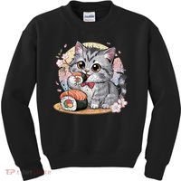 Kawaii Cat Eating Sushi Cute Anime For Cat Lovers Kids Sweatshirt thumb 0