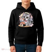 Kawaii Cat Eating Sushi Cute Anime For Cat Lovers Kids Hoodie thumb 4