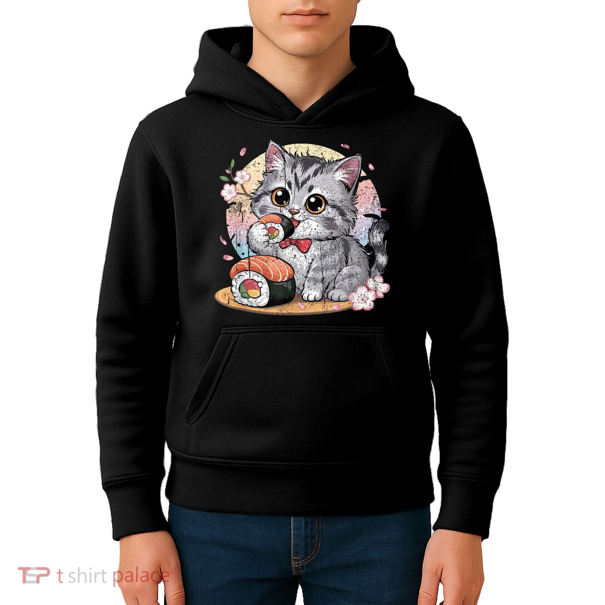 Kawaii Cat Eating Sushi Cute Anime For Cat Lovers Kids Hoodie