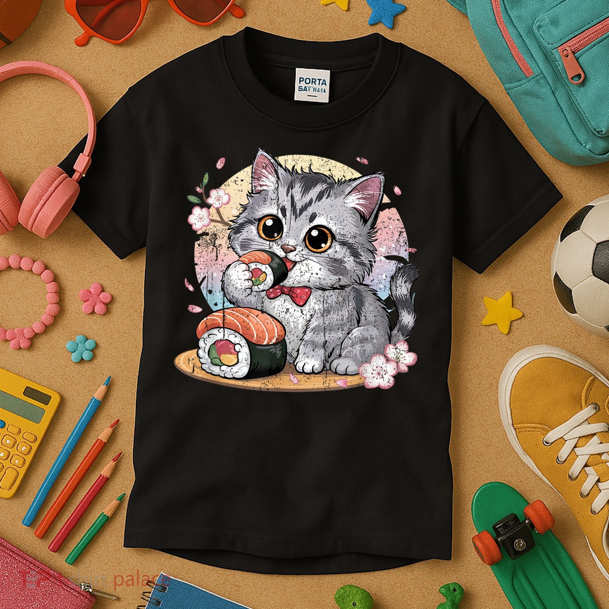 Kawaii Cat Eating Sushi Cute Anime For Cat Lovers Kids T-Shirt