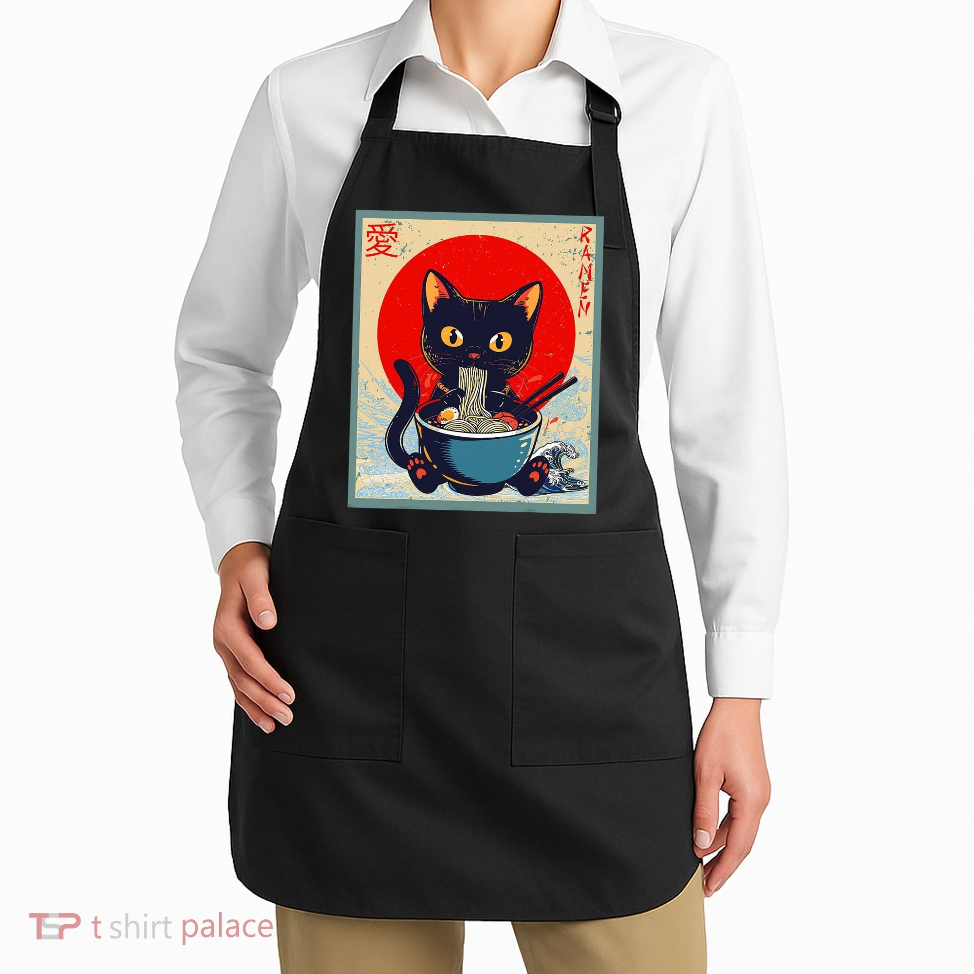 Kawaii Cat Eating Ramen Noodles Funny Anime Irls Teens Cat  Apron