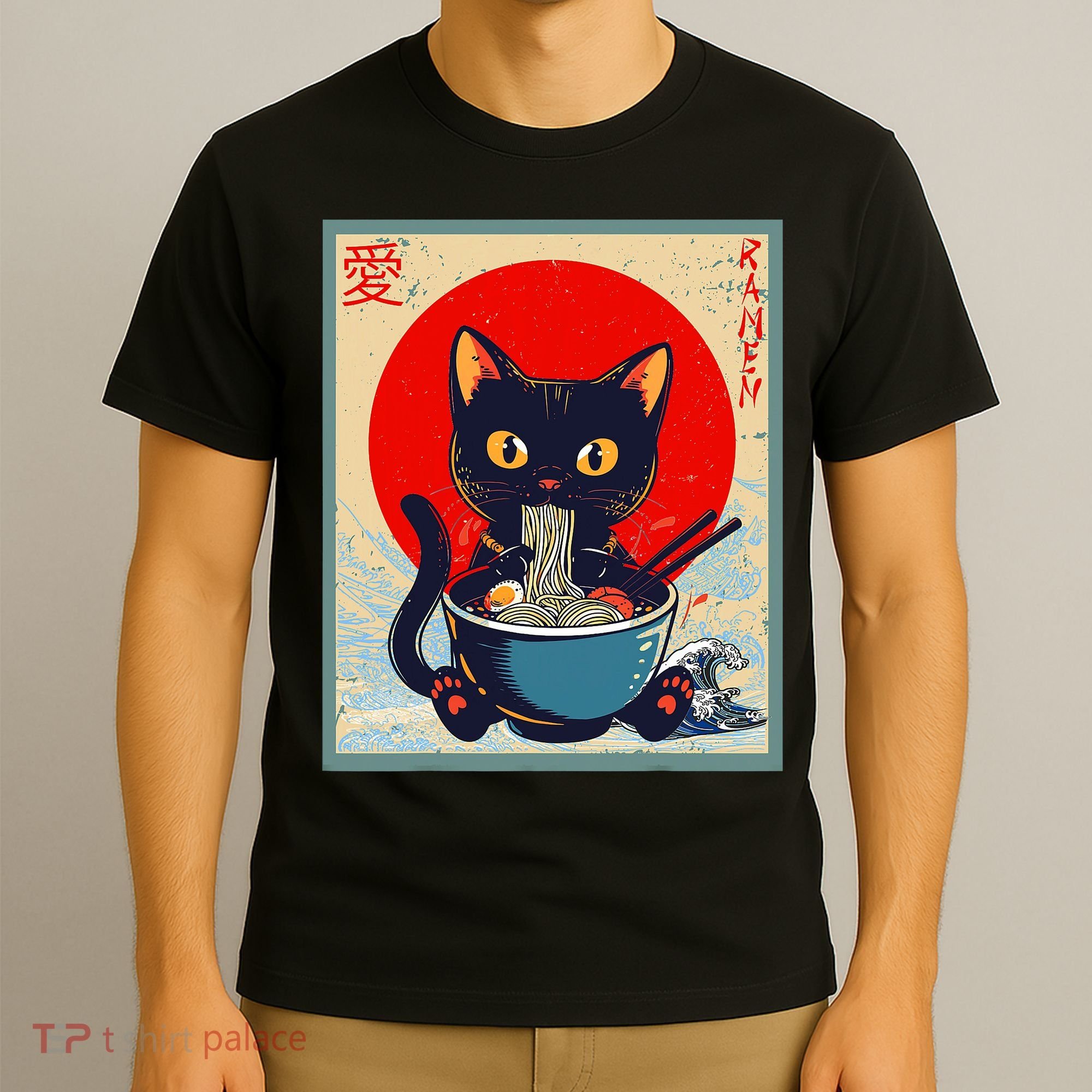 Kawaii Cat Eating Ramen Noodles Funny Anime Irls Teens Cat  T-Shirt