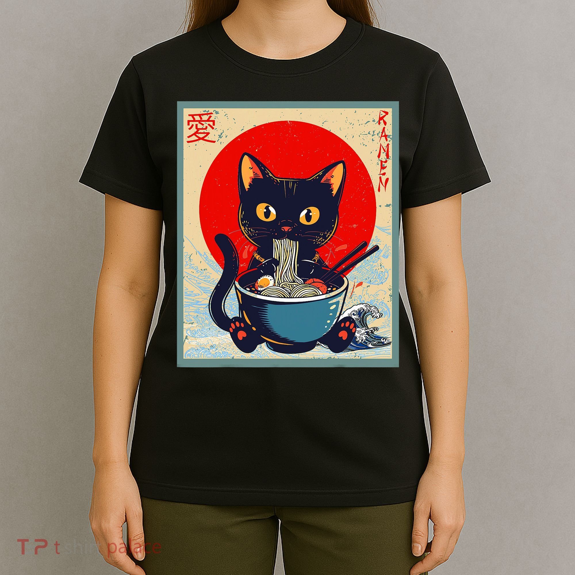 Kawaii Cat Eating Ramen Noodles Funny Anime Irls Teens Cat  T-Shirt