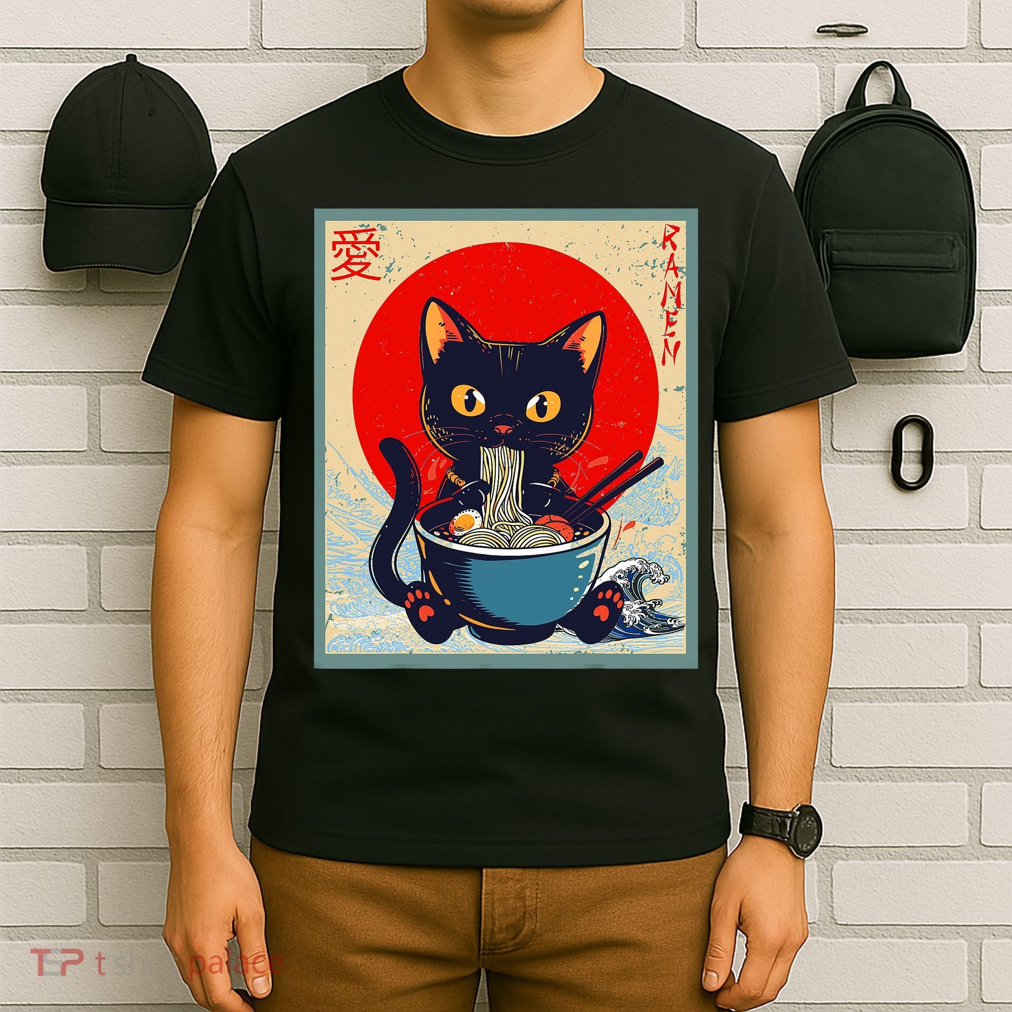 Kawaii Cat Eating Ramen Noodles Funny Anime Irls Teens Cat  T-Shirt