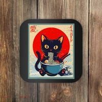 Kawaii Cat Eating Ramen Noodles Funny Anime Irls Teens Cat  Coaster thumb 0