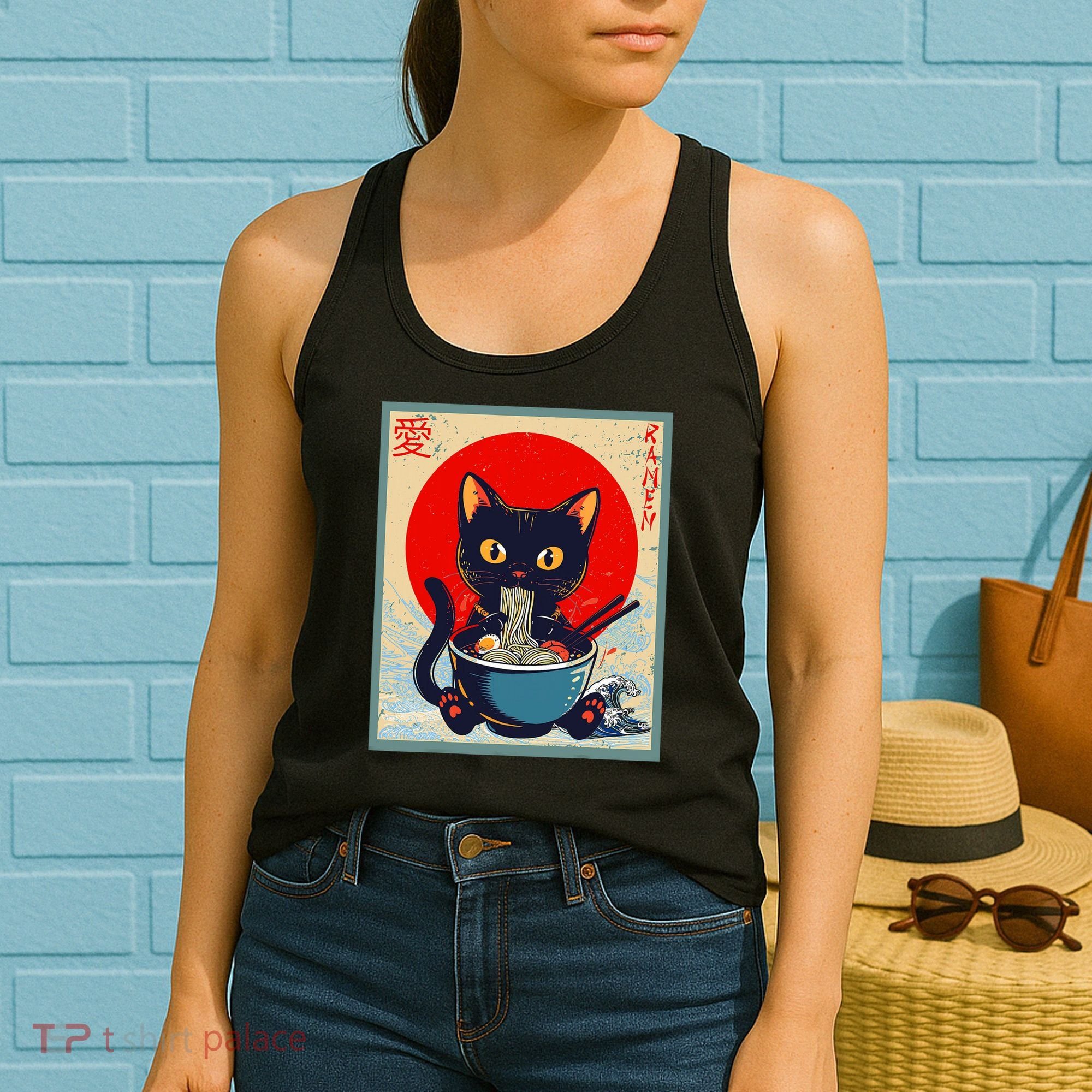 Kawaii Cat Eating Ramen Noodles Funny Anime Irls Teens Cat  Women's Tank Top