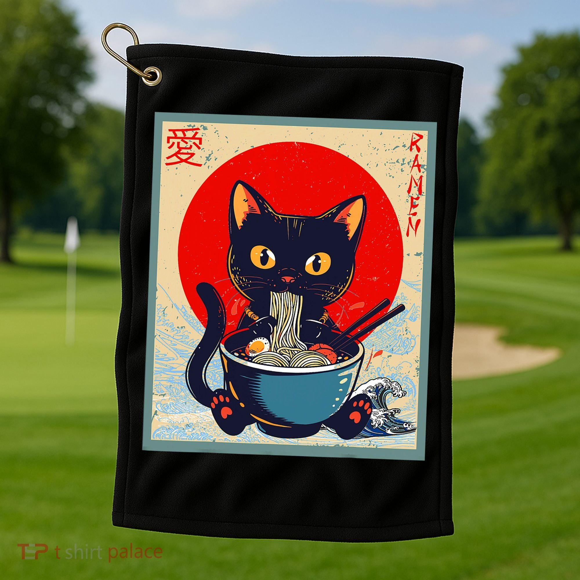 Kawaii Cat Eating Ramen Noodles Funny Anime Irls Teens Cat  Golf Towel