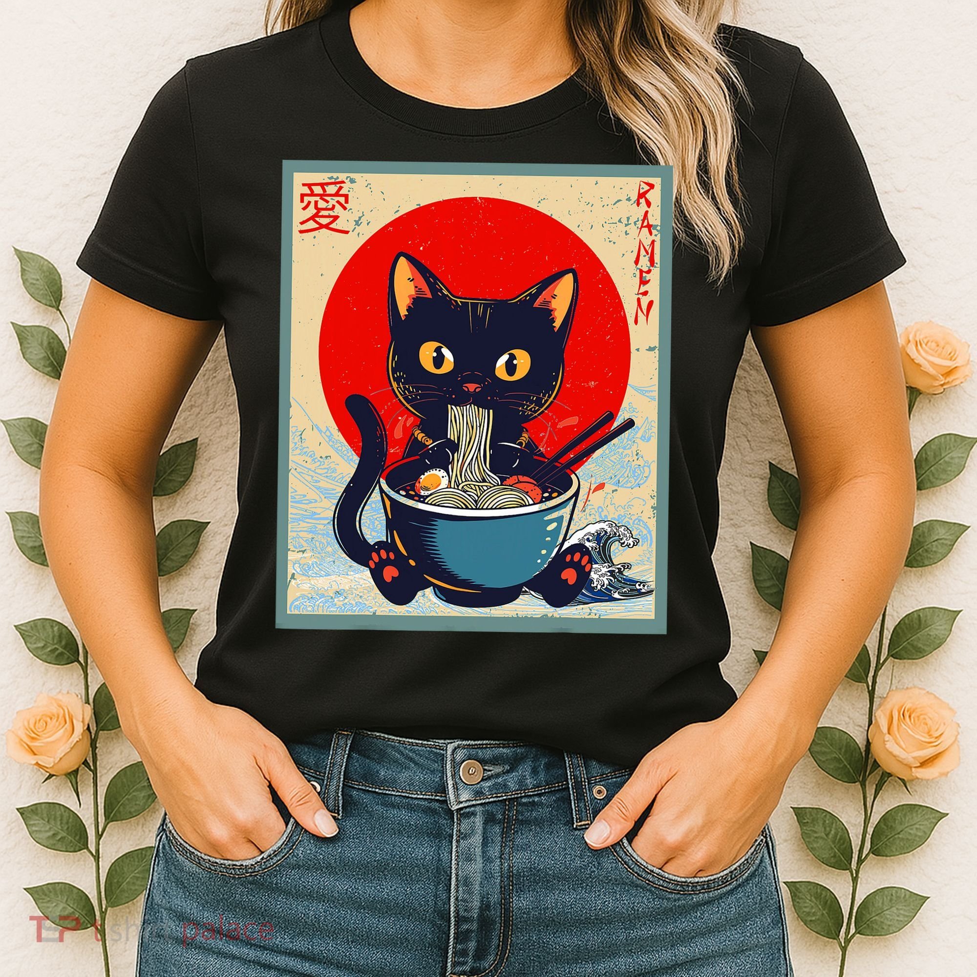 Kawaii Cat Eating Ramen Noodles Funny Anime Irls Teens Cat  Women's T-Shirt