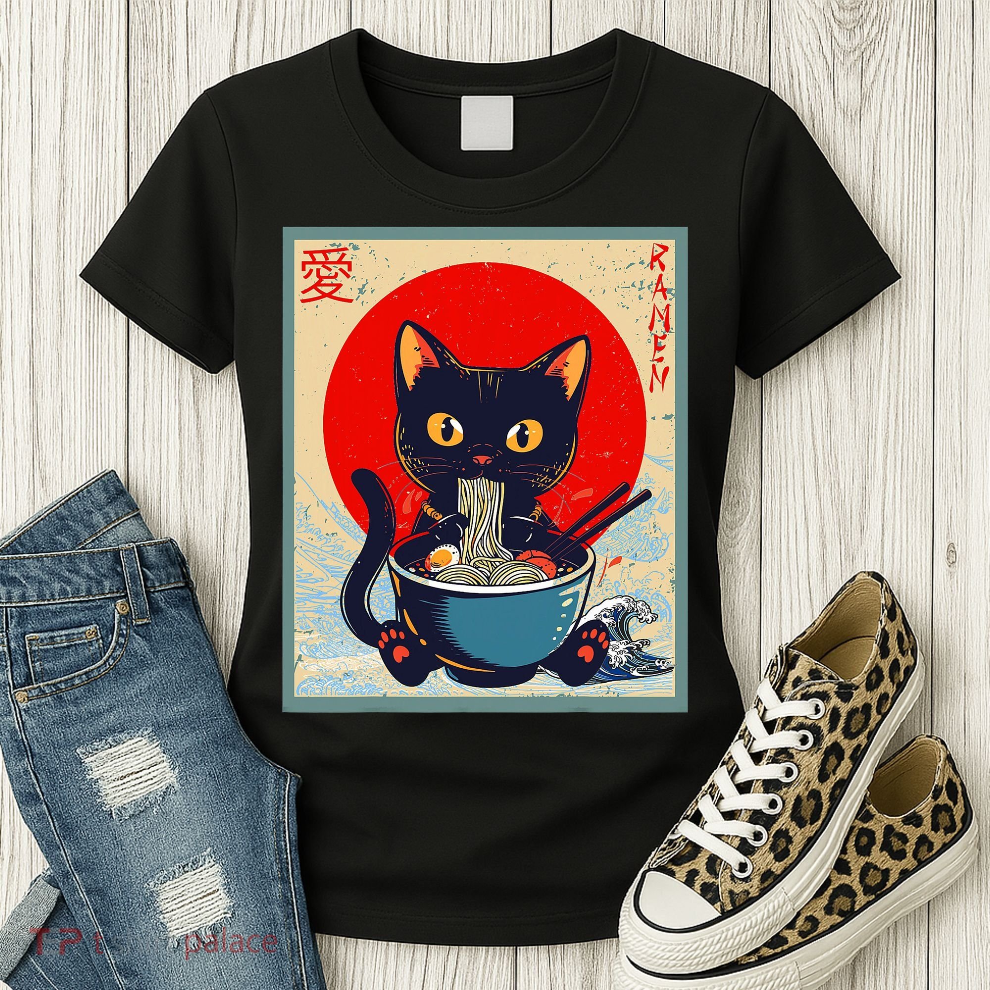 Kawaii Cat Eating Ramen Noodles Funny Anime Irls Teens Cat  Women's T-Shirt