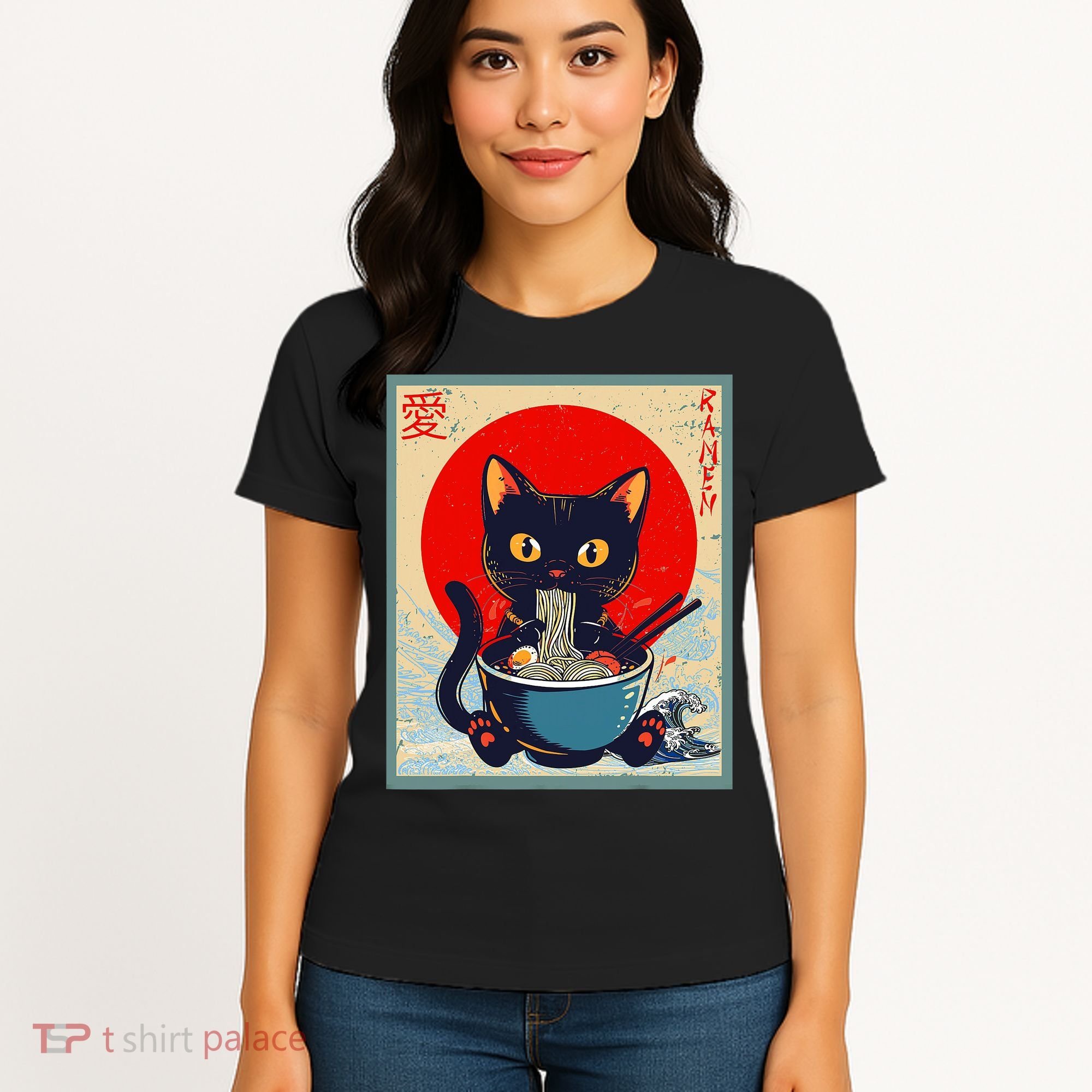 Kawaii Cat Eating Ramen Noodles Funny Anime Irls Teens Cat  Women's T-Shirt