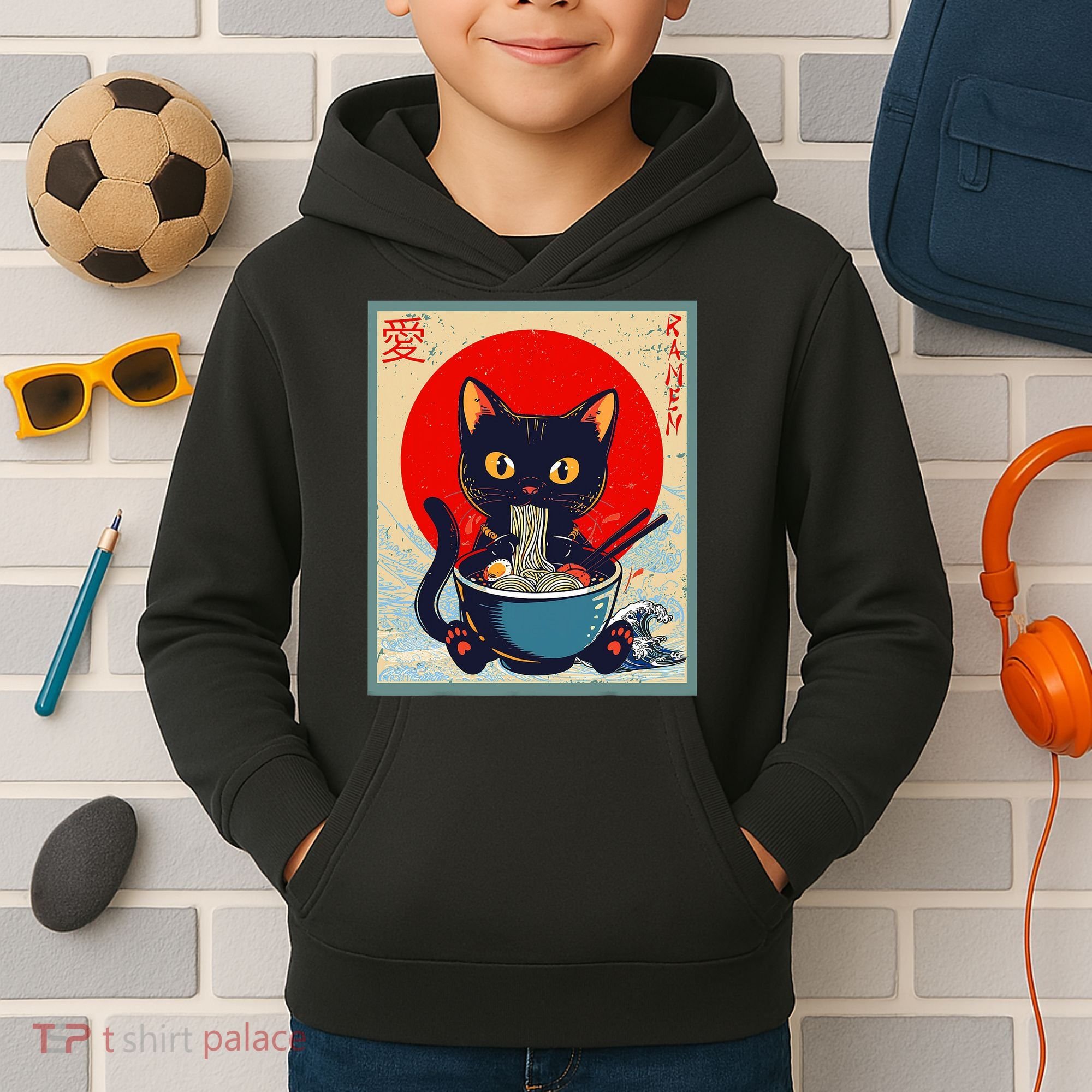 Kawaii Cat Eating Ramen Noodles Funny Anime Irls Teens Cat  Kids Hoodie