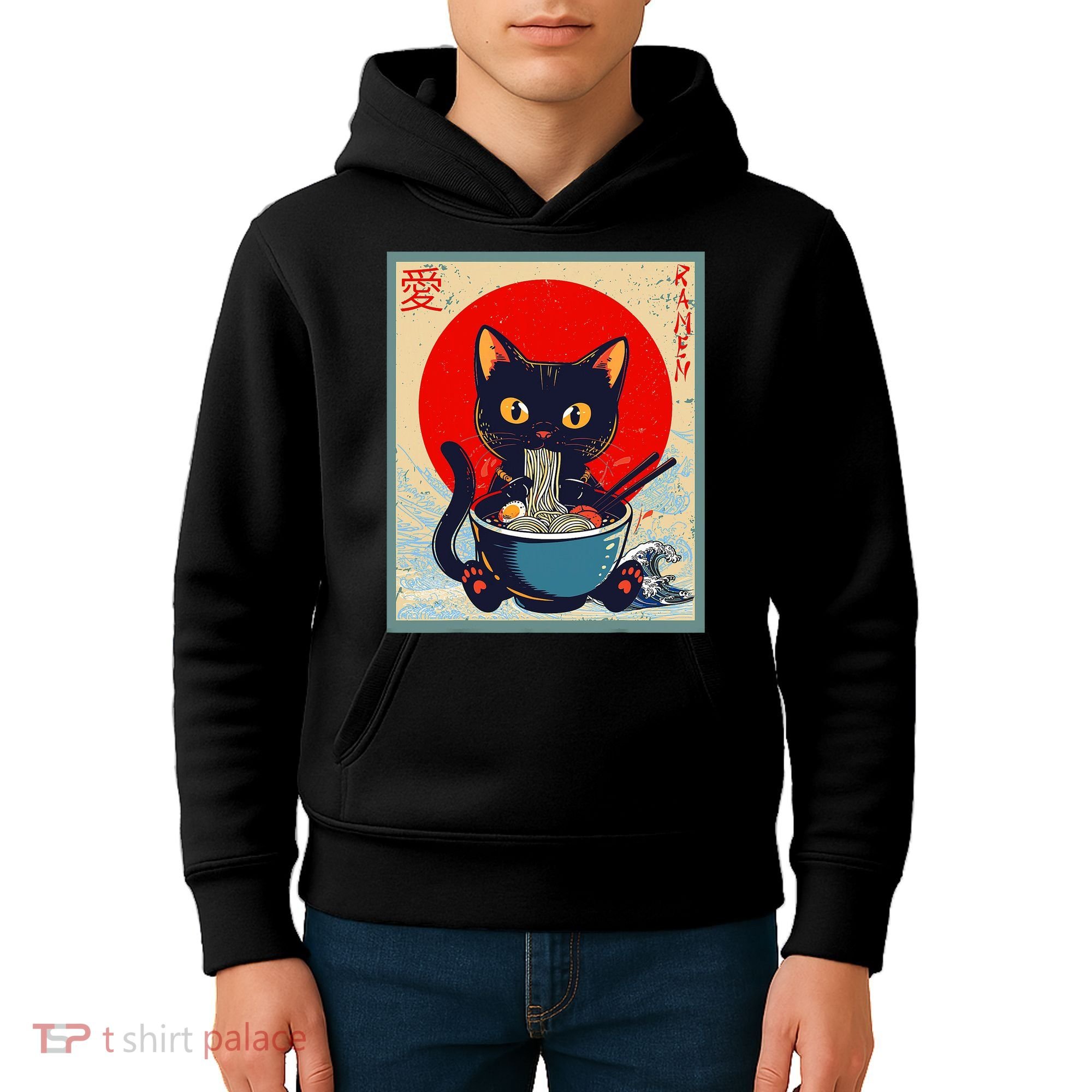 Kawaii Cat Eating Ramen Noodles Funny Anime Irls Teens Cat  Kids Hoodie