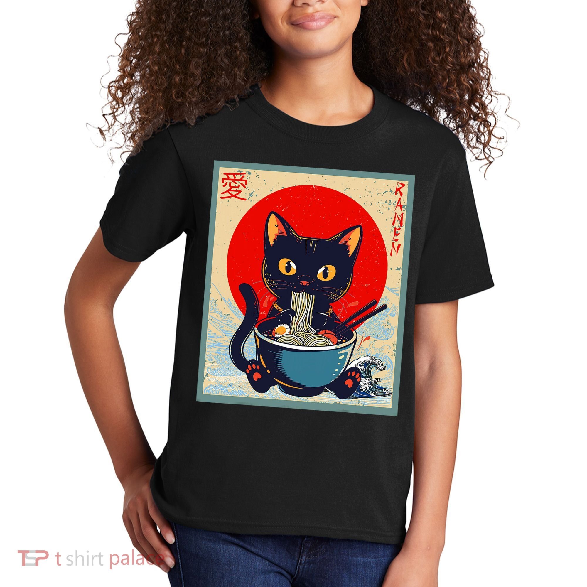 Kawaii Cat Eating Ramen Noodles Funny Anime Irls Teens Cat  Kids T-Shirt