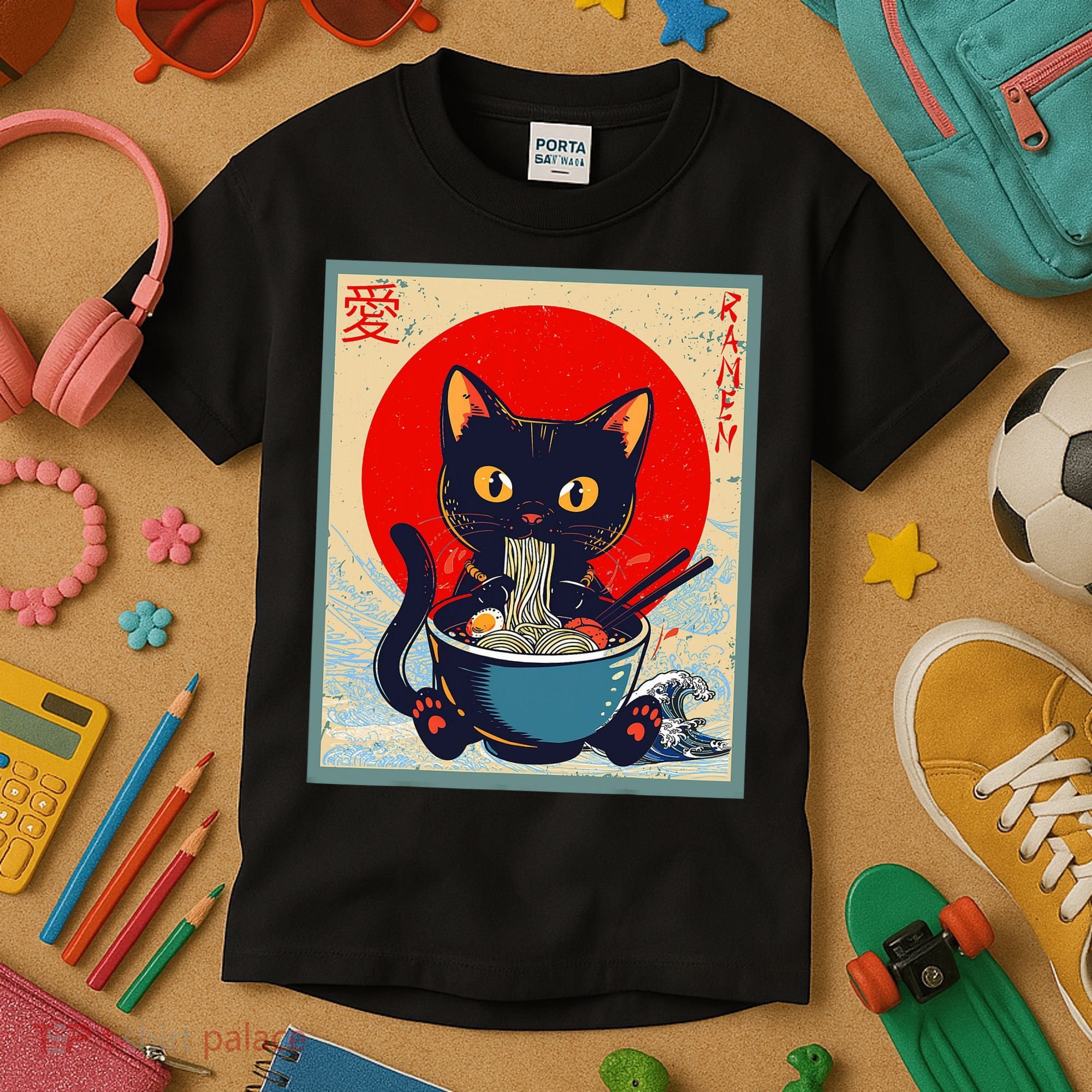 Kawaii Cat Eating Ramen Noodles Funny Anime Irls Teens Cat  Kids T-Shirt