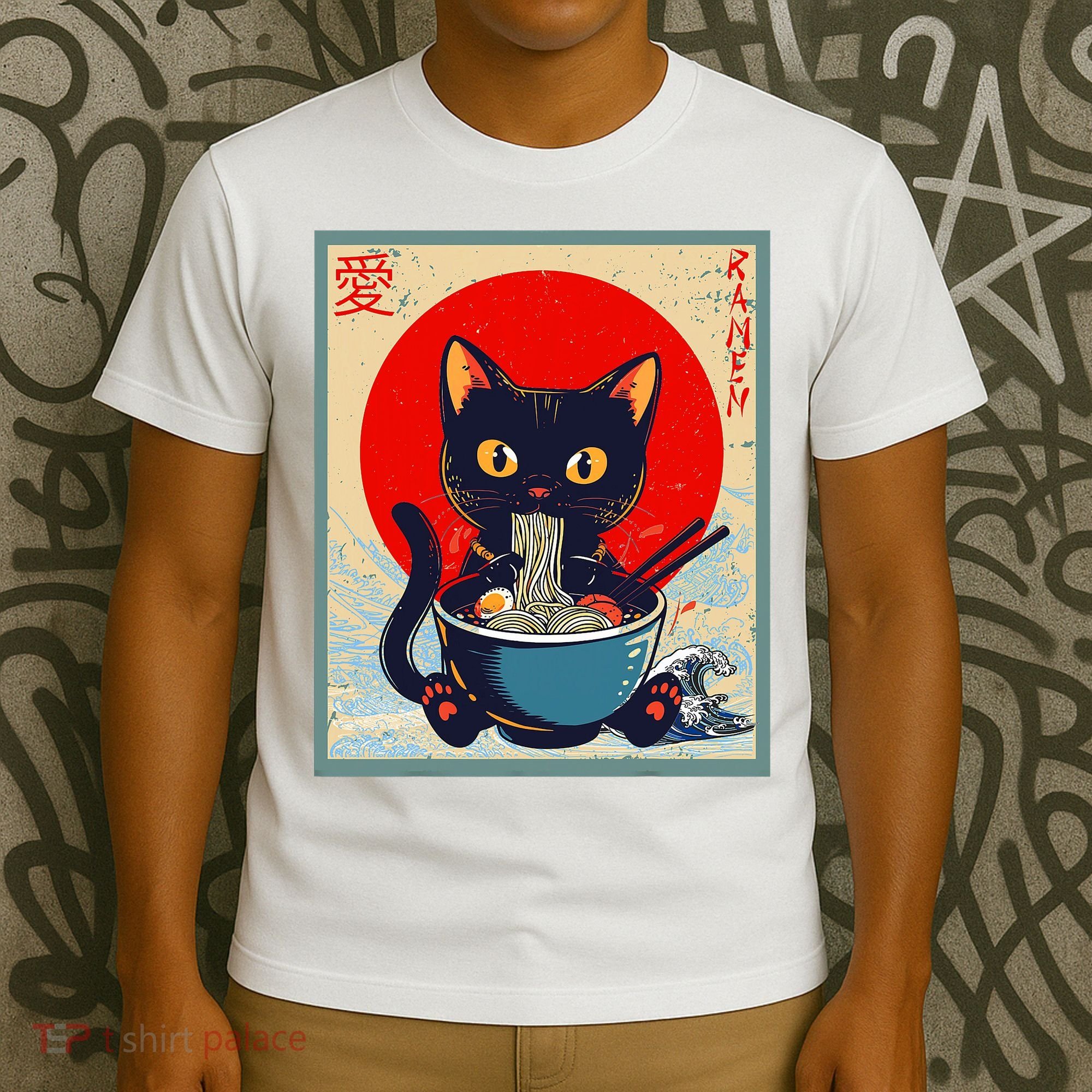 Kawaii Cat Eating Ramen Noodles Funny Anime Girl Cat T-Shirt