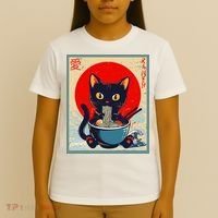 Kawaii Cat Eating Ramen Noodles Funny Anime Girl Cat T-Shirt thumb 4