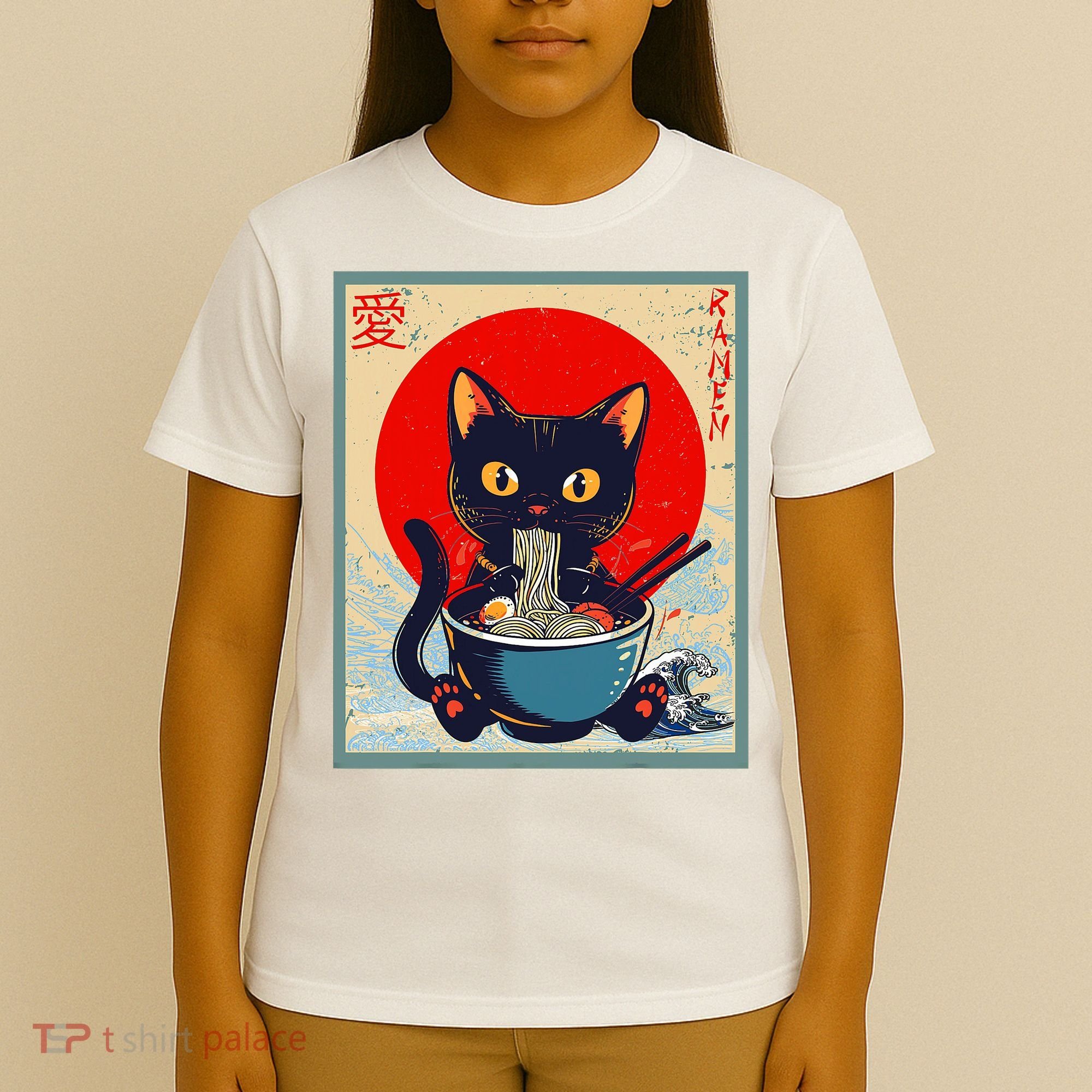 Kawaii Cat Eating Ramen Noodles Funny Anime Girl Cat T-Shirt