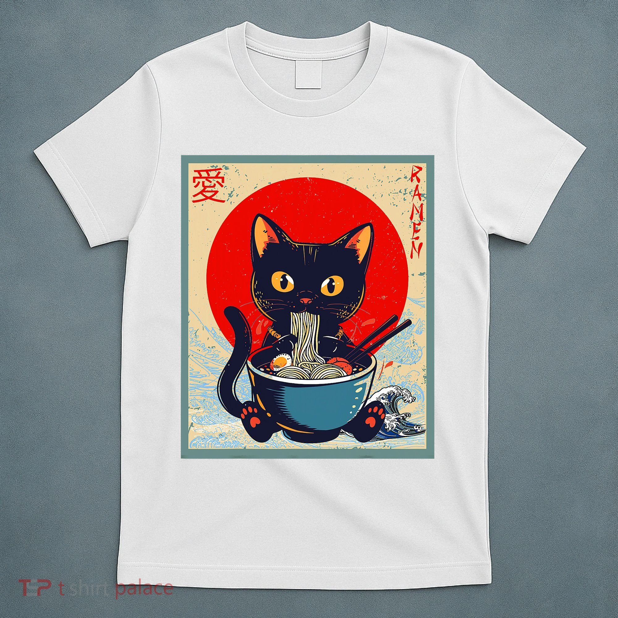 Kawaii Cat Eating Ramen Noodles Funny Anime Girl Cat T-Shirt