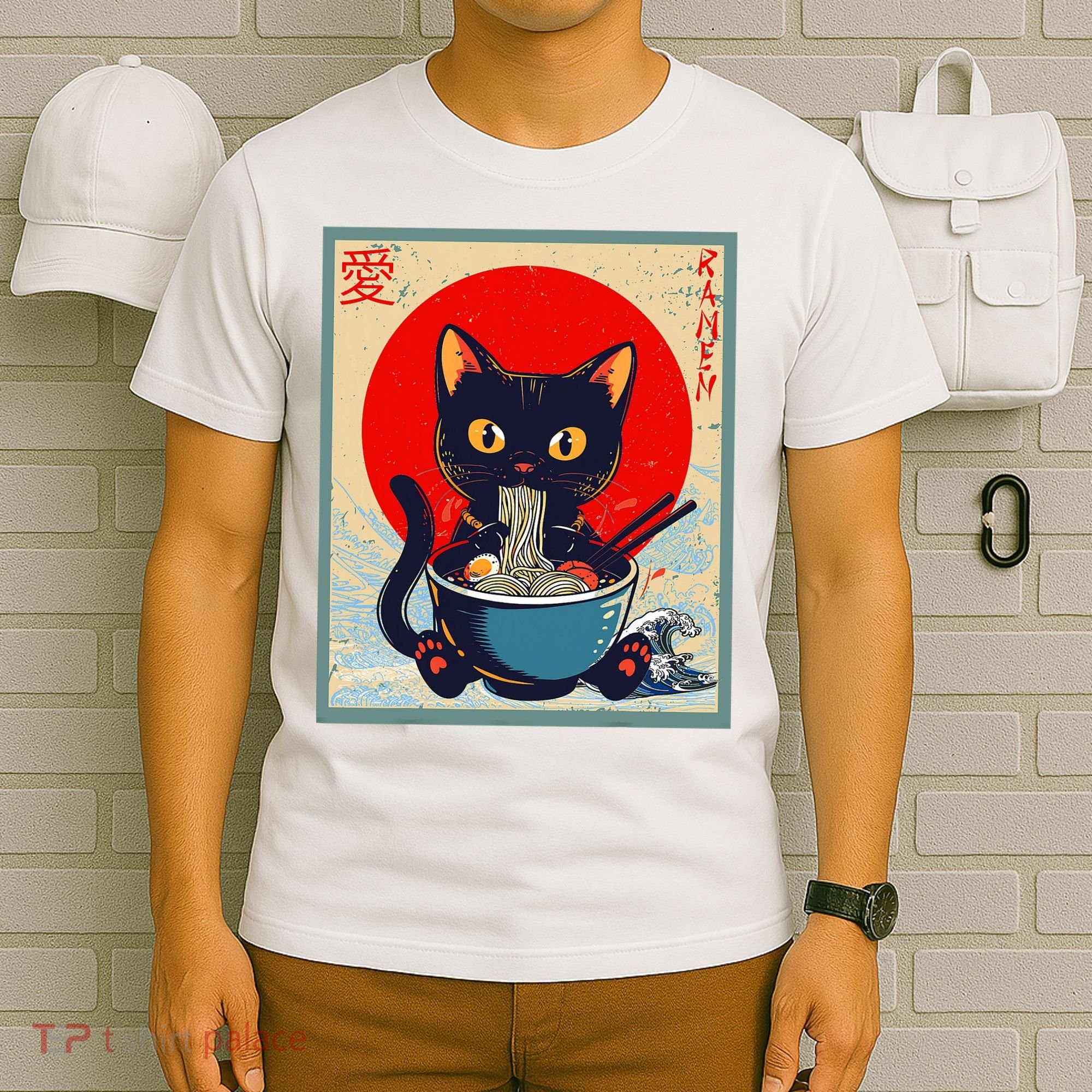 Kawaii Cat Eating Ramen Noodles Funny Anime Girl Cat T-Shirt