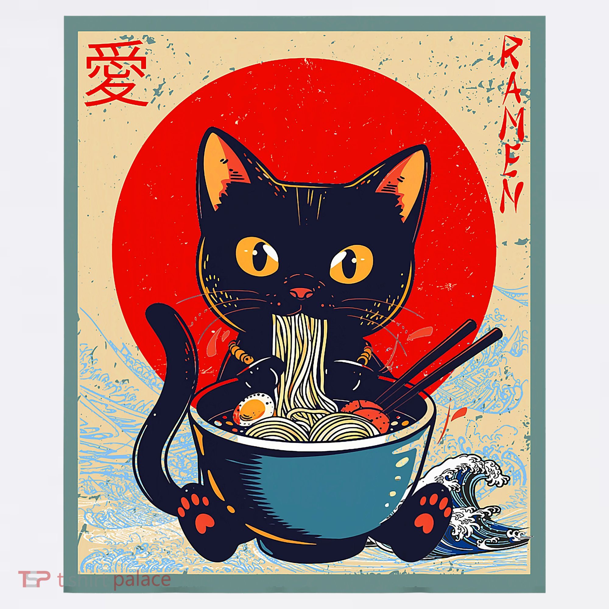 Kawaii Cat Eating Ramen Noodles Funny Anime Girl Cat T-Shirt