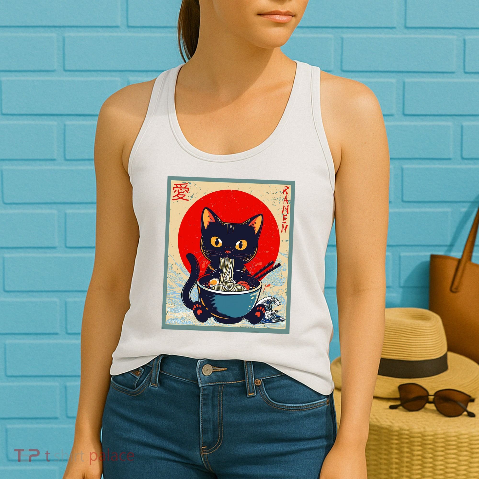 Kawaii Cat Eating Ramen Noodles Funny Anime Girl Cat Women's Tank Top