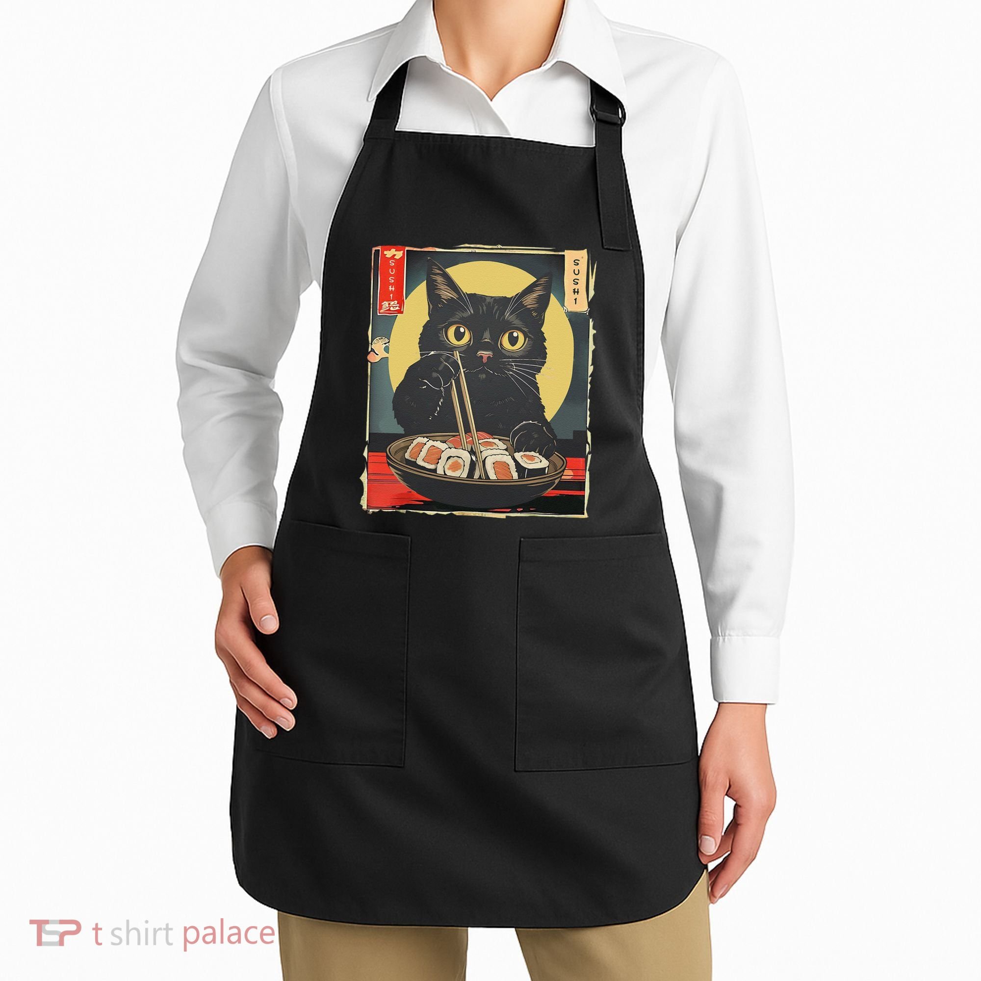 Kawaii Cat Eating Sushi Funny Japanese Anime Cute Cat Apron