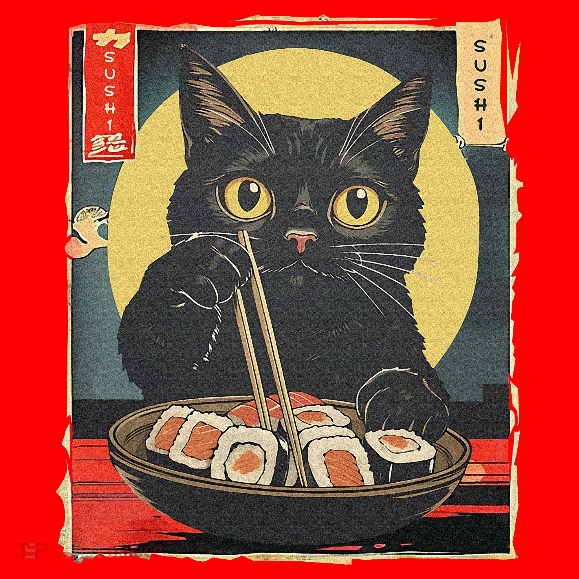Kawaii Cat Eating Sushi Funny Japanese Anime Cute Cat Santa Hat