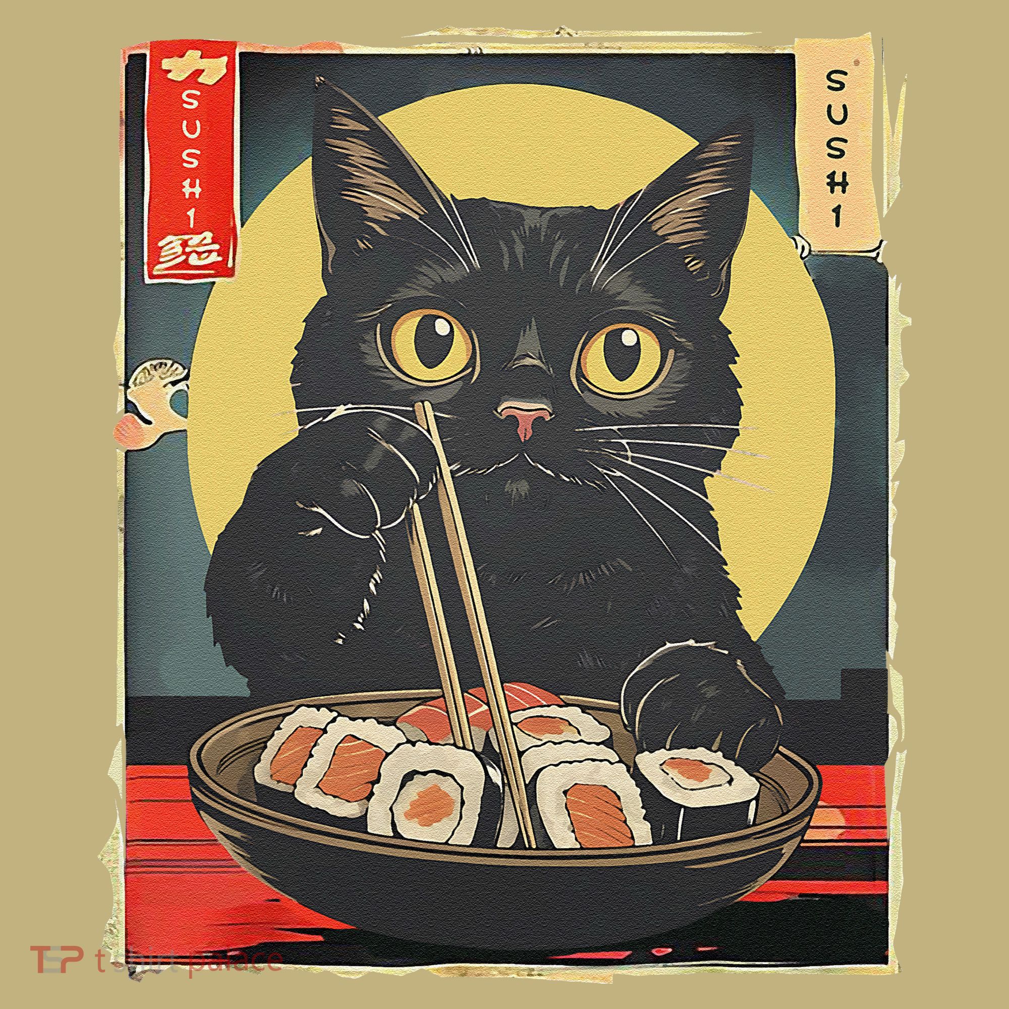 Kawaii Cat Eating Sushi Funny Japanese Anime Cute Cat Long Sleeve Shirt