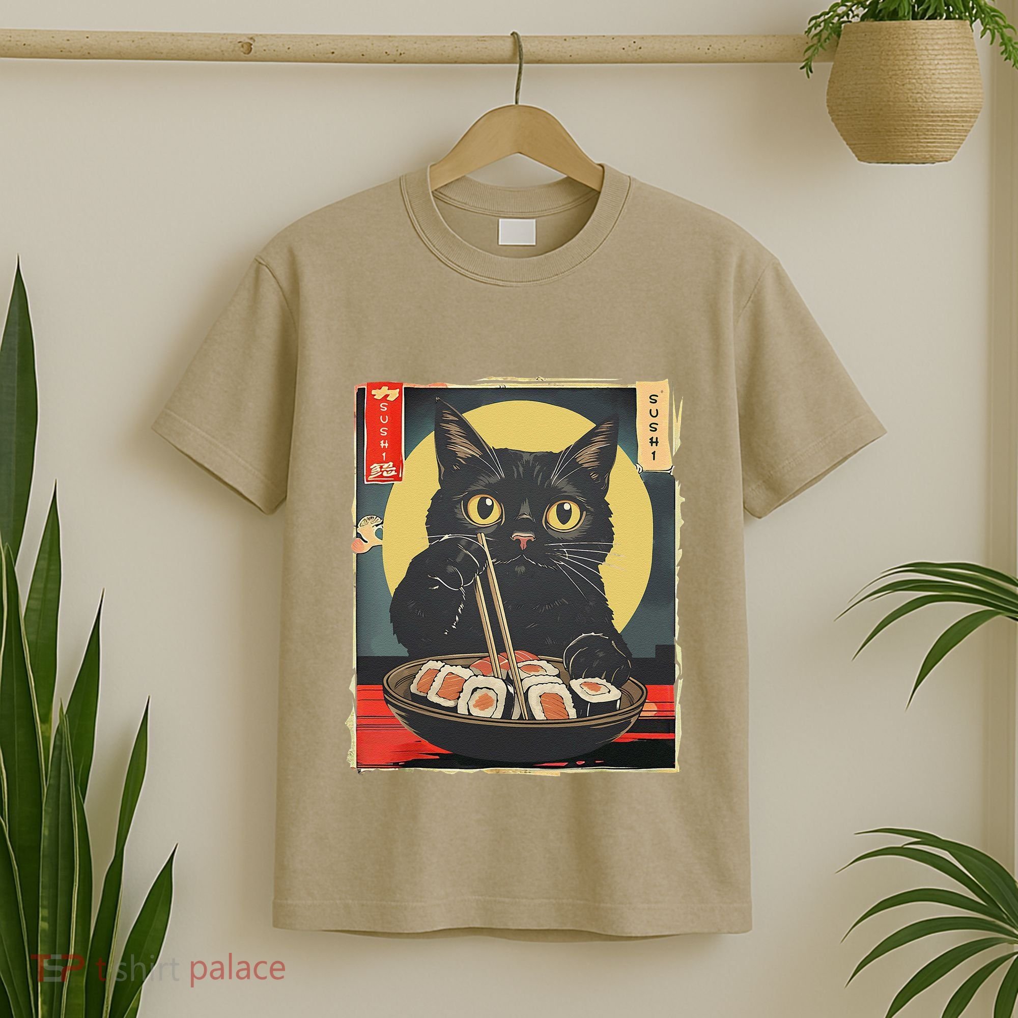 Kawaii Cat Eating Sushi Funny Japanese Anime Cute Cat T-Shirt