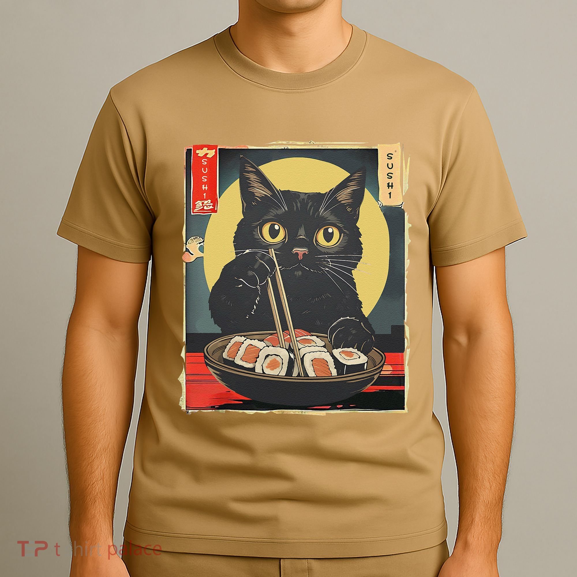 Kawaii Cat Eating Sushi Funny Japanese Anime Cute Cat T-Shirt