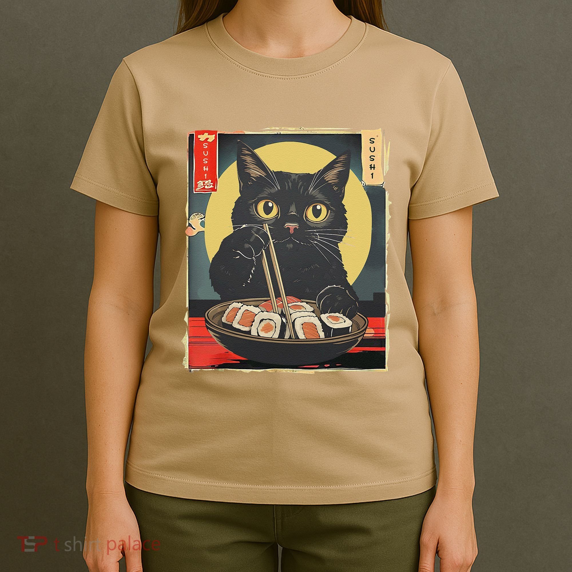 Kawaii Cat Eating Sushi Funny Japanese Anime Cute Cat T-Shirt