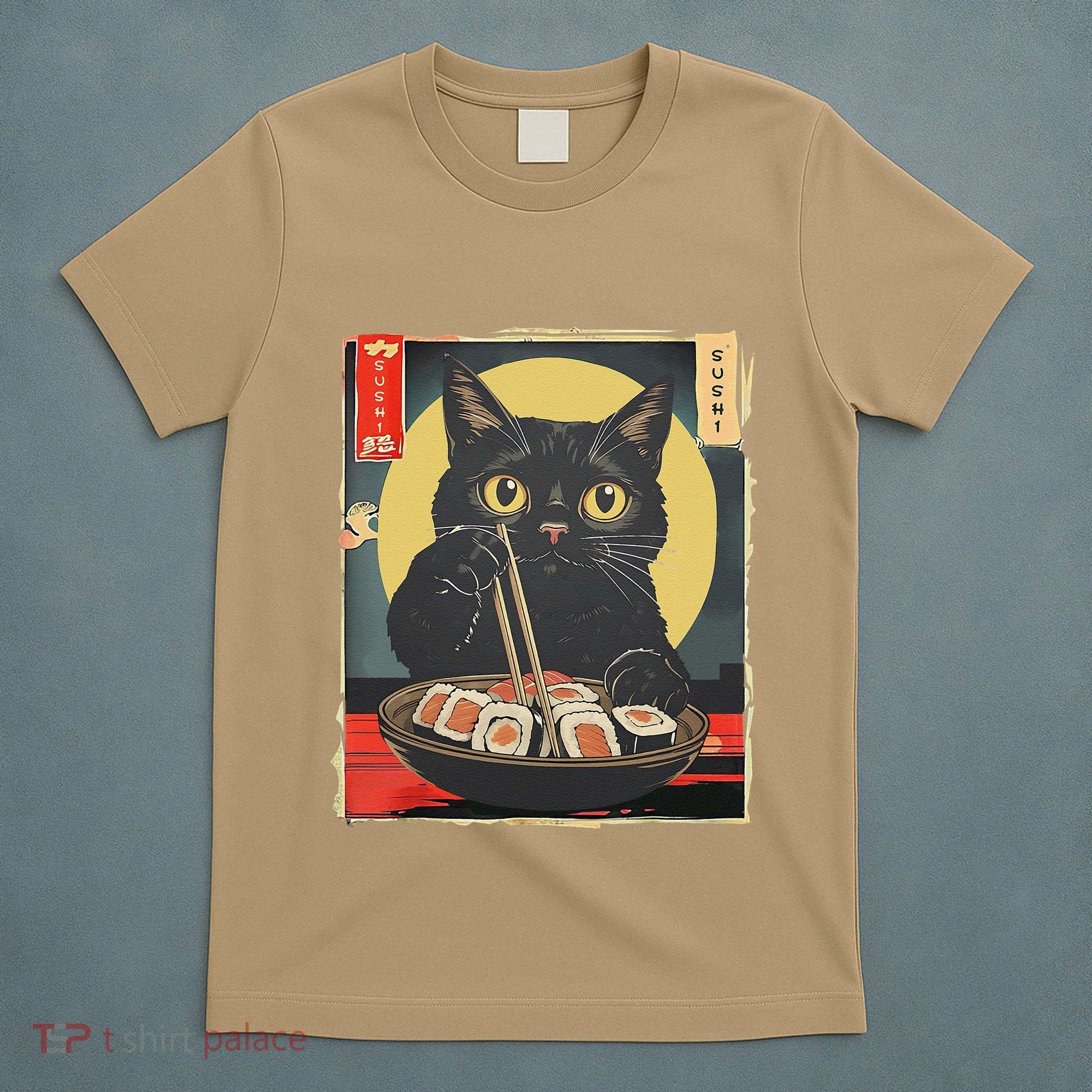 Kawaii Cat Eating Sushi Funny Japanese Anime Cute Cat T-Shirt