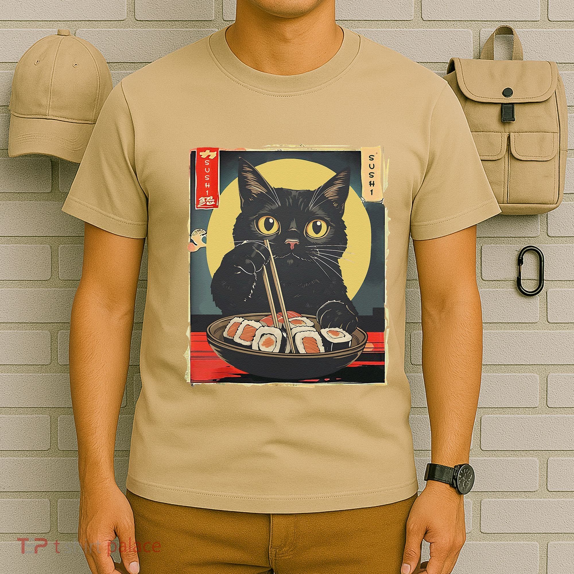 Kawaii Cat Eating Sushi Funny Japanese Anime Cute Cat T-Shirt
