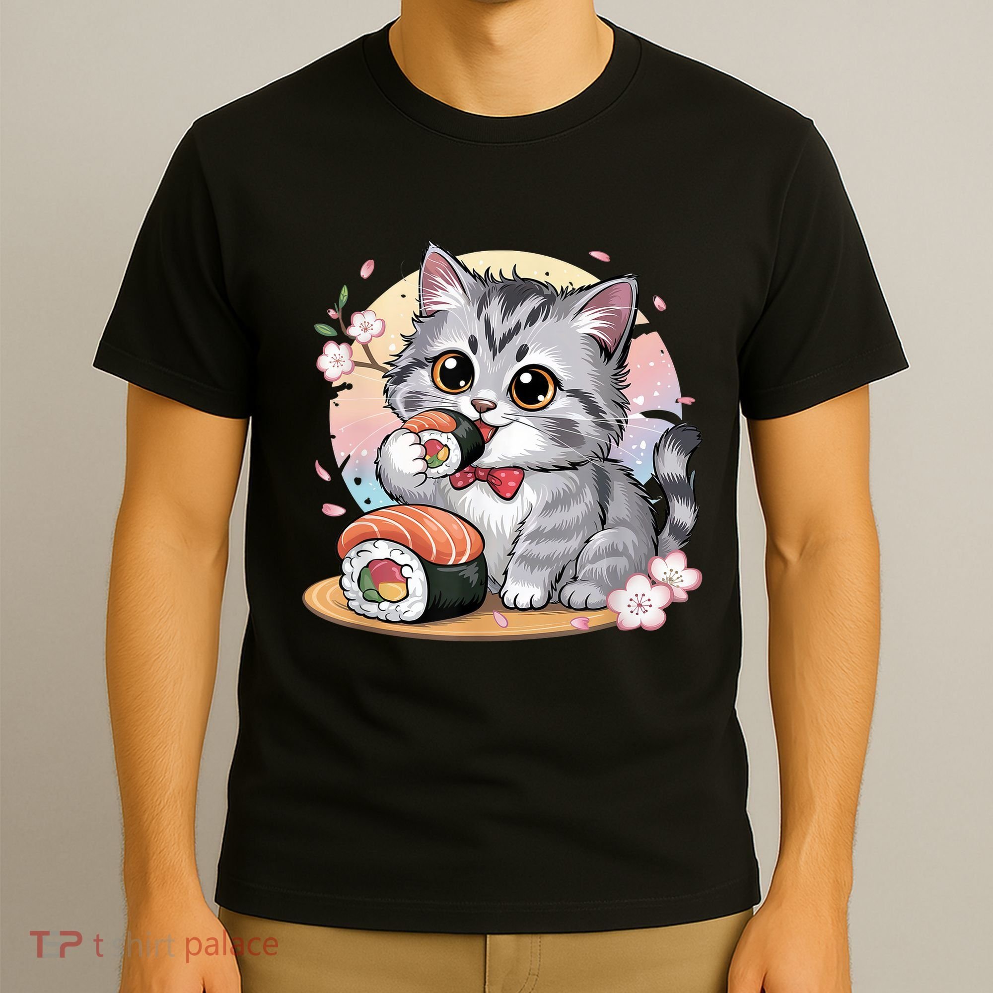 Kawaii Cat Eating Sushi Cute Anime For Cat Lovers  T-Shirt