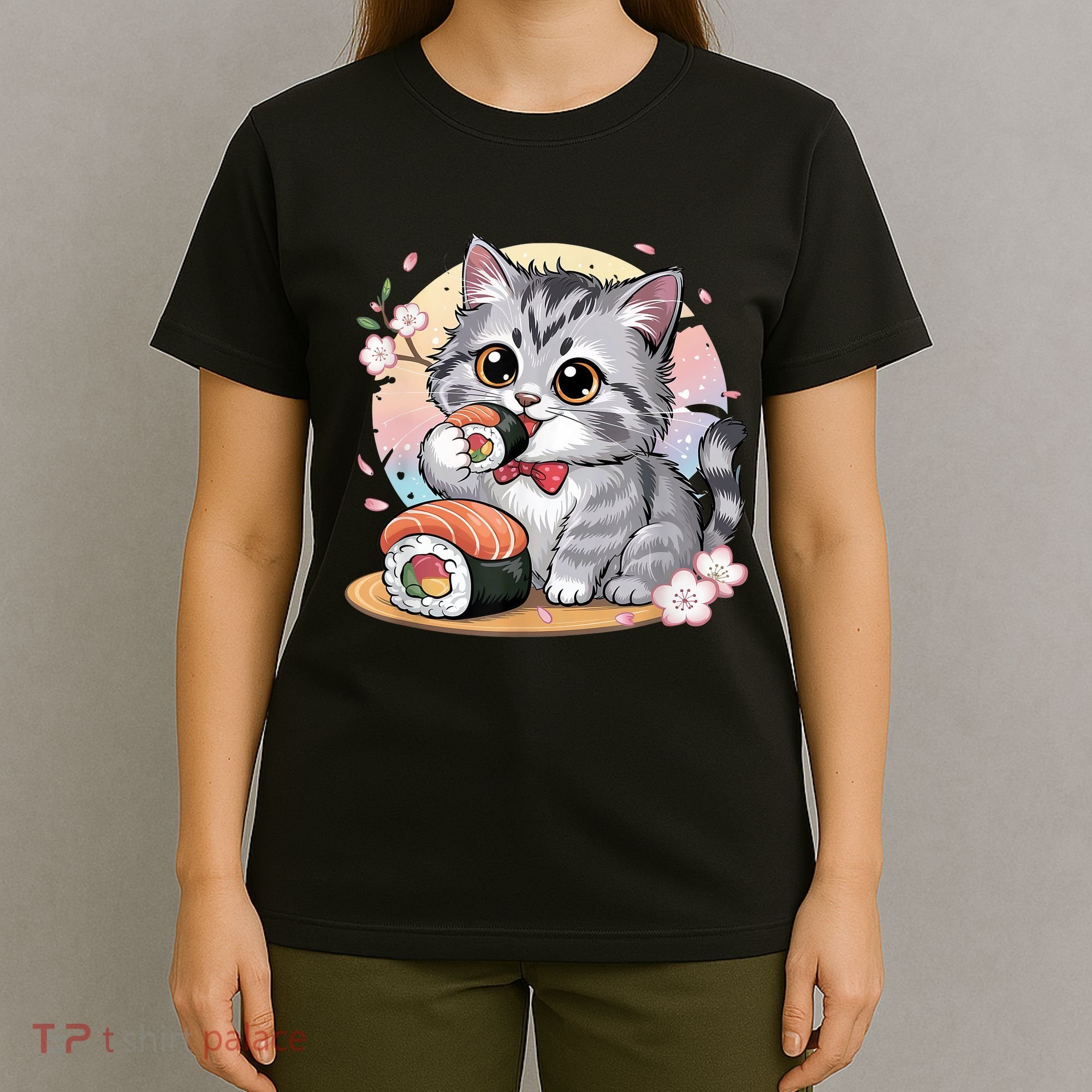 Kawaii Cat Eating Sushi Cute Anime For Cat Lovers  T-Shirt