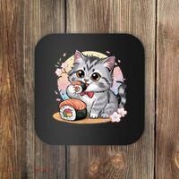 Kawaii Cat Eating Sushi Cute Anime For Cat Lovers  Coaster thumb 0